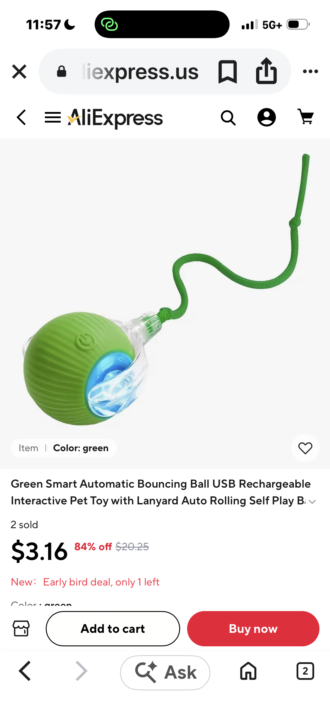 Roll and Glow smart automatic bouncing ball, green USB rechargeable interactive cat toy
