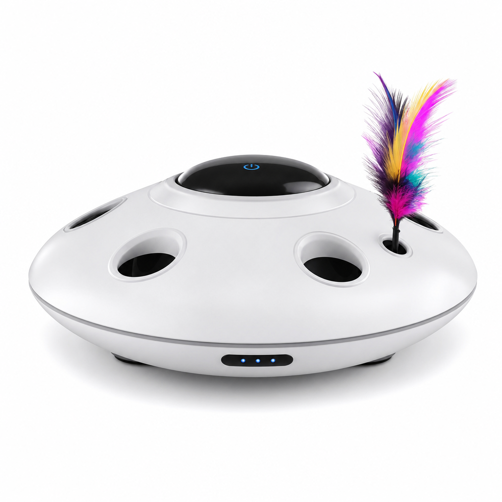 PlaySaucer UFO Interactive Cat Toy - white round electronic cat toy with feather