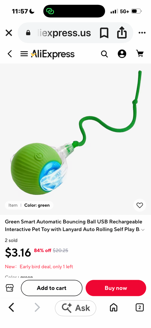 Roll and Glow smart automatic bouncing ball, green USB rechargeable interactive cat toy